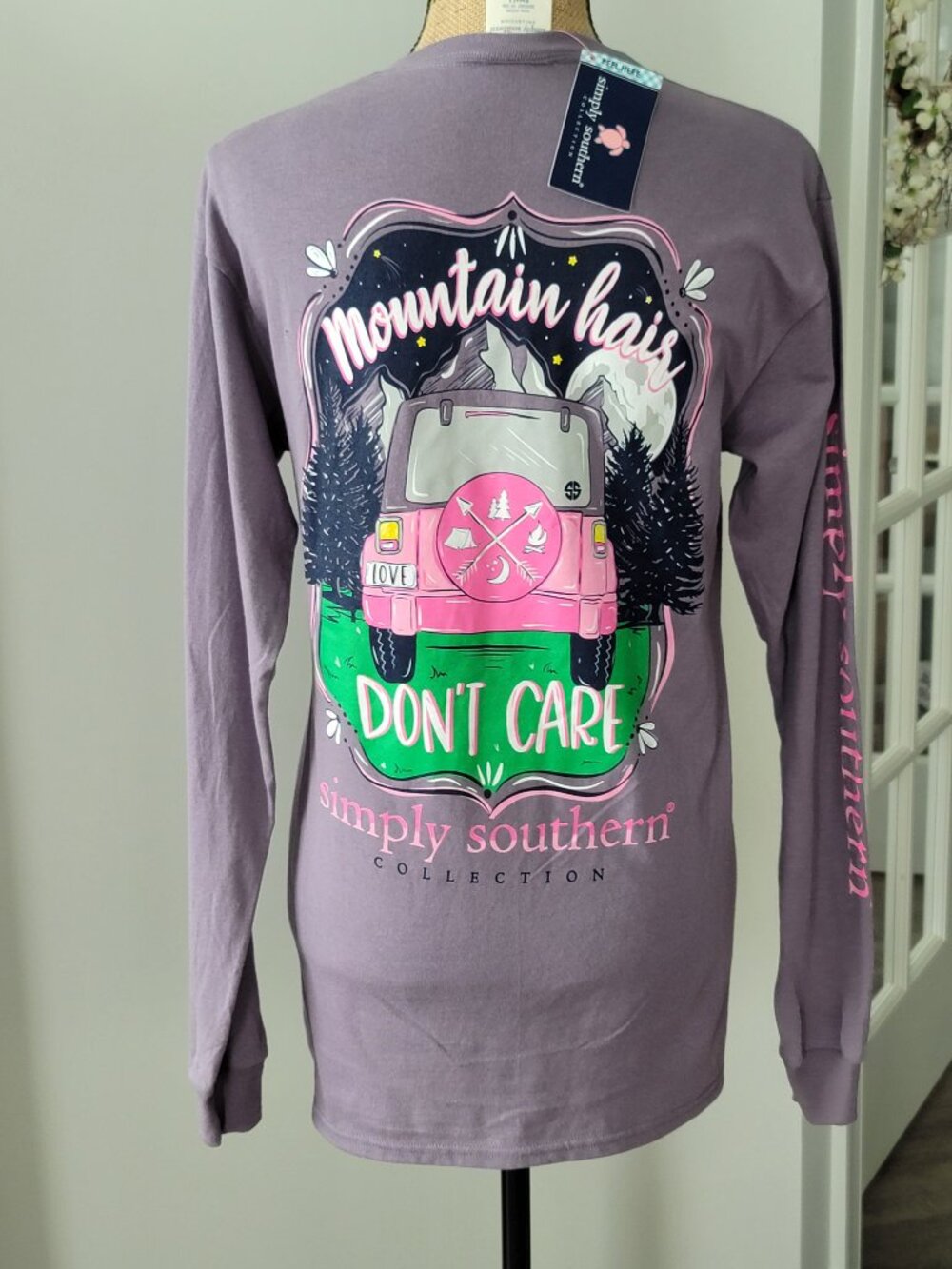 Simply Southern Mountain Hair Don't Care Purple Womans  Longsleeve Tee Small NWT